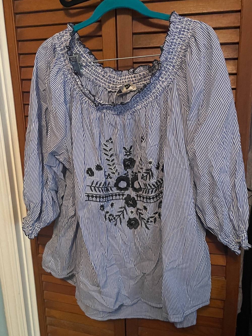 grand & greene Blue and White Striped Peasant Blouse with Black Embroidery